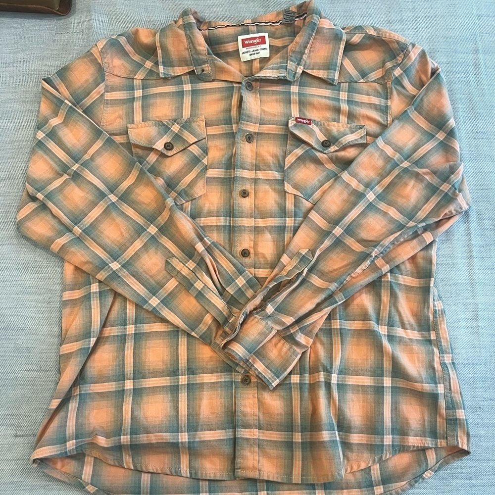 Wrangler Men’s XL Slim Fit Plaid Western Shirt Long Sleeve Orange Grayish‎ Green